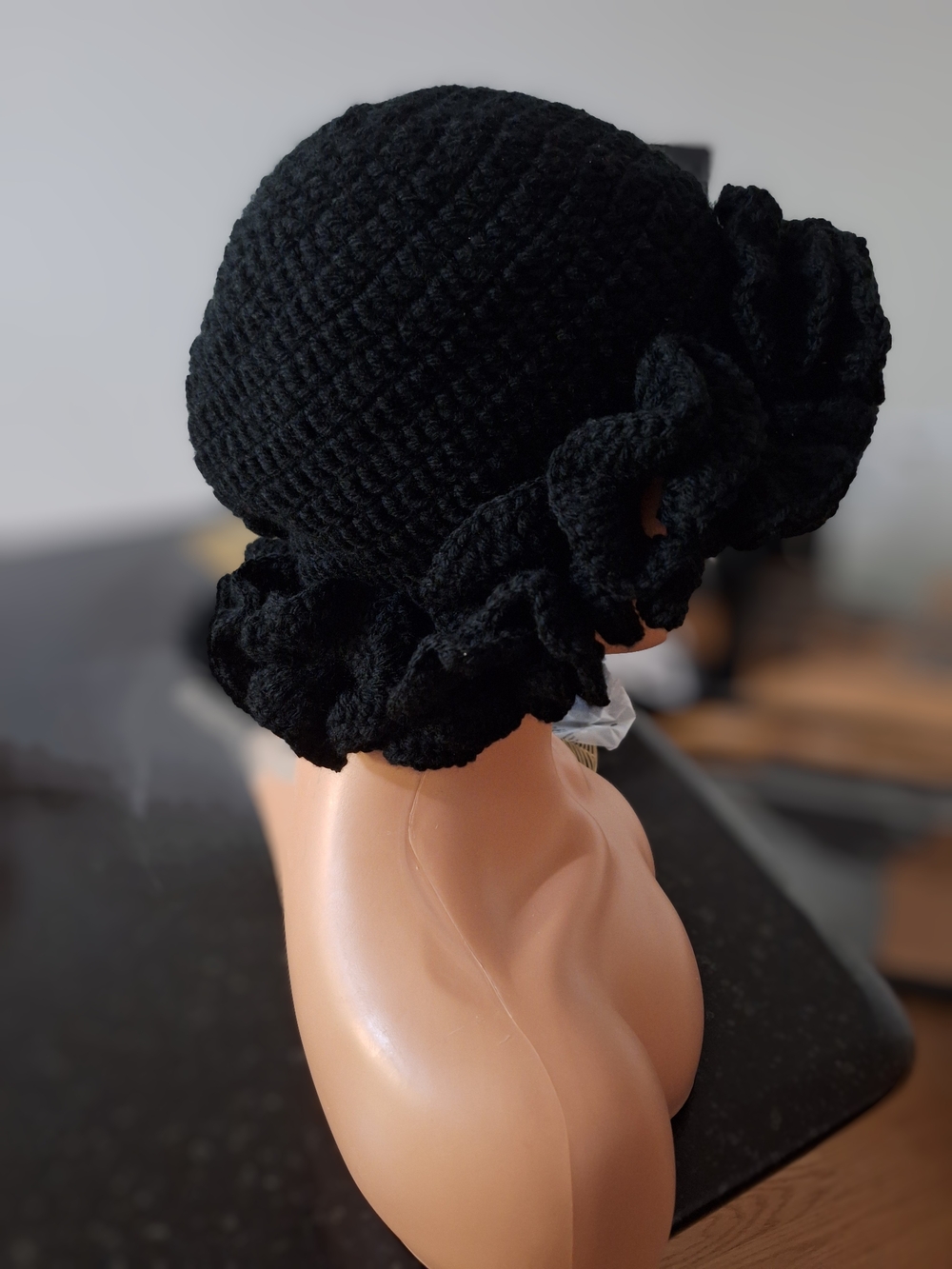Black Crochet Ruffle Hat- Women Accessories